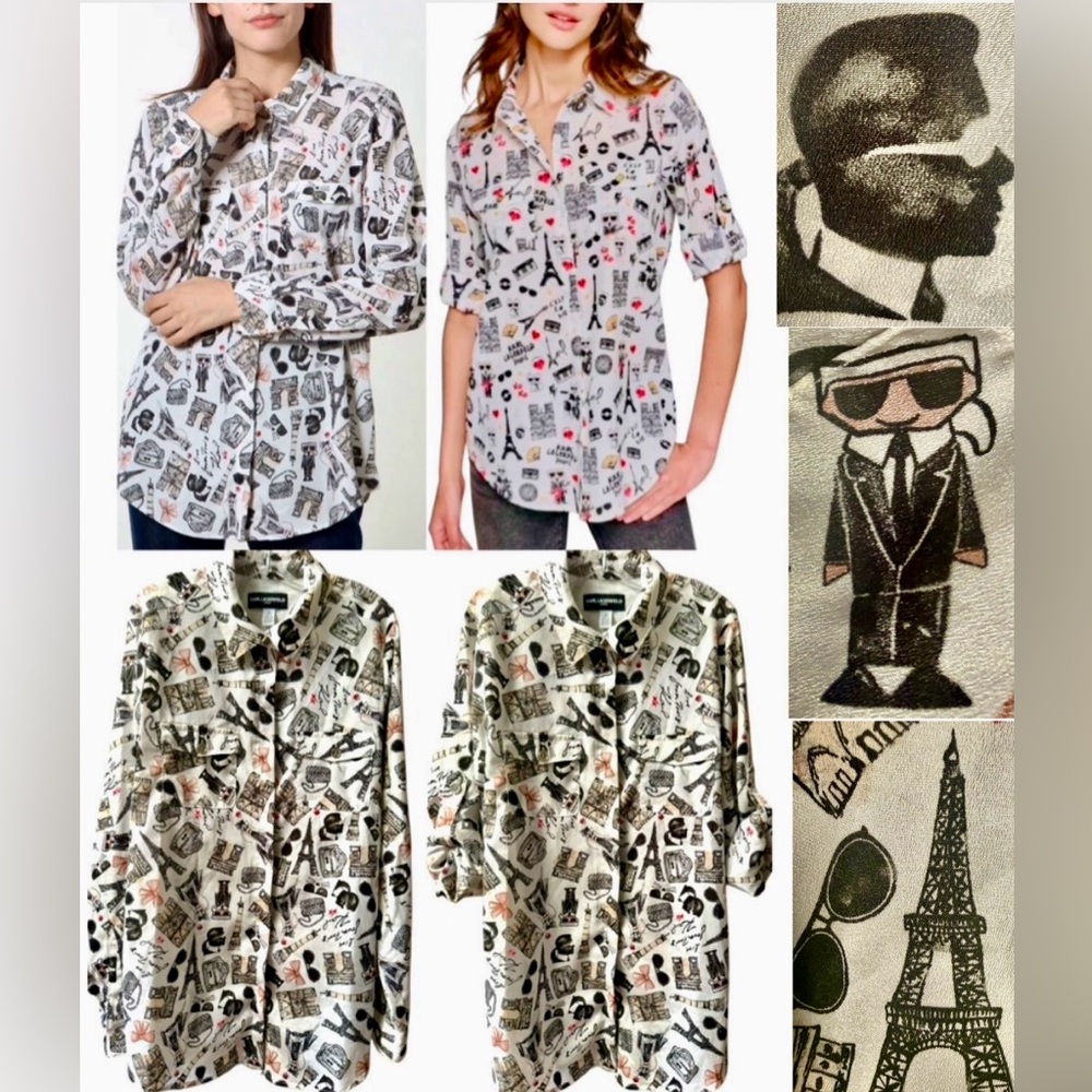 Karl Lagerfeld Tab Sleeve Button Down whimsical Parisian-themed print Sz.S